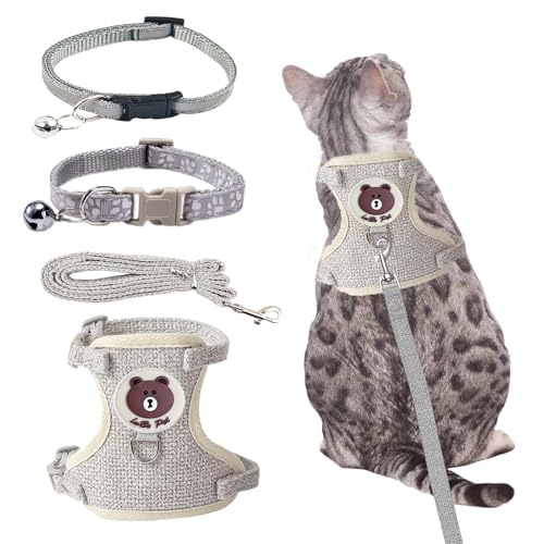 MOSTFUN Arnês gato anti-escape, arnês ajustável para gato com alça de 120 cm, refletor, peito, gato pequeno, respirável colete de gato com coleira de gato, para caminhar treino, M cinzento)