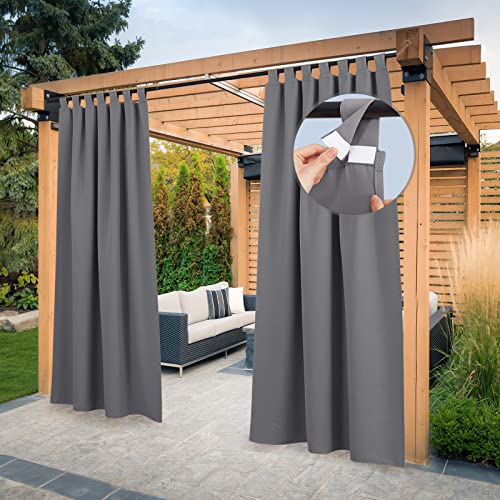 PONY DANCE Cortinas exteriores, terraço, impermeável, cortinas opacas, 2 peças, cortina impermeável para varanda, jardim, pátio, com velcro, 132 x 274 cm, cinzento