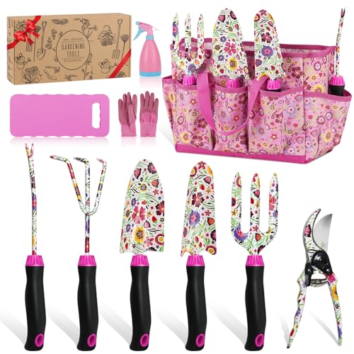 Housolution Conjunto de ferramentas de jardim, 10 PZS, kit de ferramentas de jardinagem, suprimentos de jardinagem floral resistentes com cabo de borracha antiderrapante, para mulheres, dia da mãe