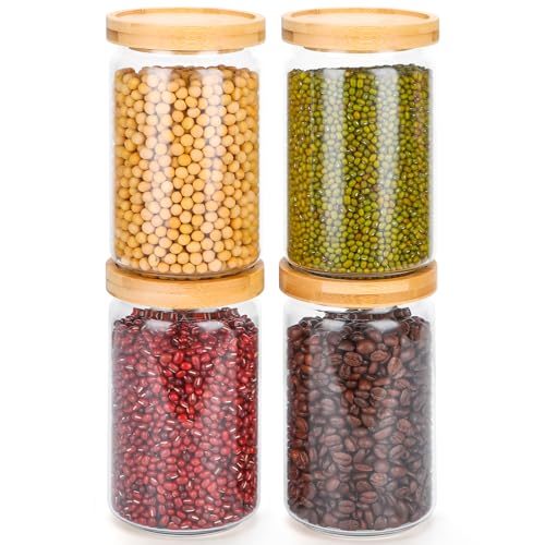 Otauoaea Frascos de vidro com tampa - 4 peças 700 ml frascos herméticos - empilhamento estável para cozinha - tampa de bambu - armazenamento
