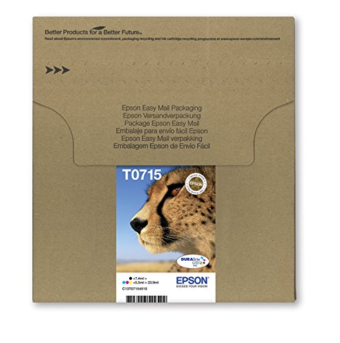 Epson Ghepardo Série T0715 DURABrite Ultra, Cartucce per Stampante a Getto d'Inchiostro, multipack de 4 cores, preto, ciano, magenta, giallo, confezione EasyMail, Stampe Affidabili casa Ufficio,