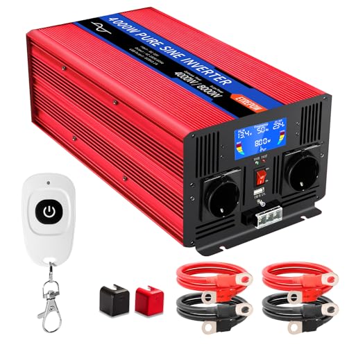 ETREPOW Inversor 12 V 220 V onda pura 4000 W conversor de voltagem com 2 tomadas UE e um USB de 2,1 A, controlo remoto sem fios, ecrã LCD