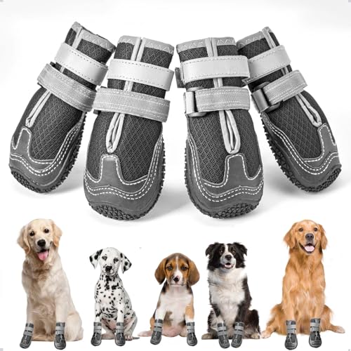 Ohcozzy Sapatos para cão com malha respirável, antiderrapantes botas com correias refletoras, resistentes ao desgaste protetor de patas para pequenos, médios e grandes 4 peças (M, preto)