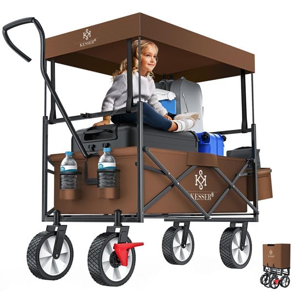 KESSER® Carrinho dobrável com teto Incl. Capa | Carrinho de jardim com 2 bolsos de rede e um exterior com travão na roda dianteira, rodas de borracha, até 100 kg de capacidade