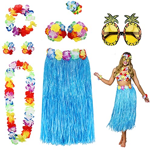 PHOGARY 8 peças saia de hula kit de acessórios de vestuário para Hawaii Luau Party - dançando hula com flor biquíni Lei havaiana pinça para o cabelo, óculos de sol