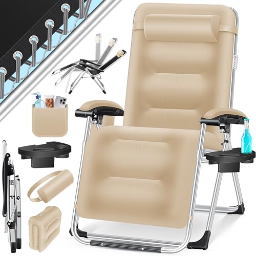 KESSER® Espreguiçadeira dobrável XXL, resistente ao interior, capacidade de carga de 200 kg, estofamento ergonómico, encosto ajustável, almofada cervical, porta-copos e almofada para braços, bege