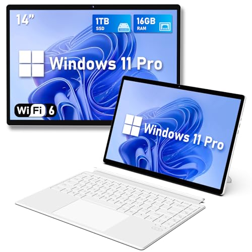 FUNYET Portáteis 2 em 1, processador N100 16 GB RAM 1TB SSD Windows 11 PC portátil, computador portátil de 14", teclado Bluetooth com retroiluminação e desbloqueio de impressões digitais