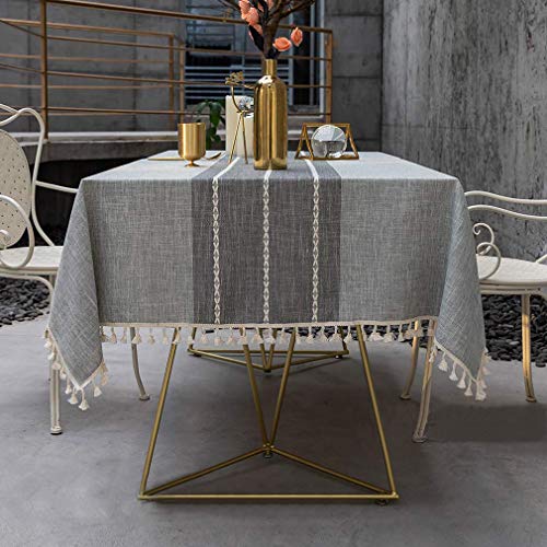Pahajim Toalhas de mesa antimanchas, toalha de mesa retangular impermeável, algodão e linho com borlas, design de borlas, adequada para cozinha, jardim, festa decorativa (riscas cinzentas, 140 x 140