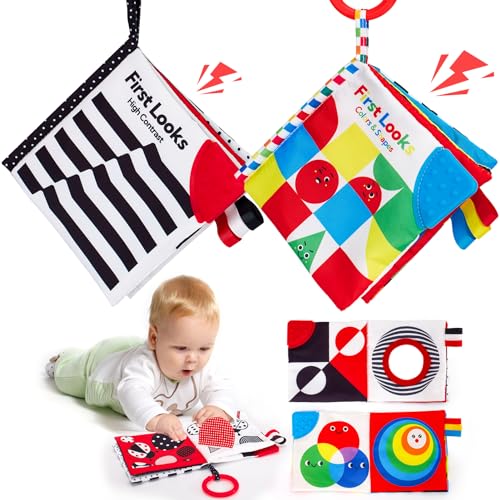 hahaland Livros bebé brinquedos bebés 0 3 6 12 meses, 2 peças livros brancos e pretos de alto contraste livros bebé de estimulação visual, livro sensorial de atividades para bebé
