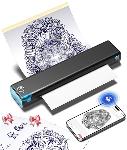 Phomemo M08F Impressora tatuagem termocopiadora impressora tatuagens tatuagem com 10 peças termocopiadora tatuagem papel de tatuagem compatível com telemóvel tablet PC para artistas iniciantes, preto