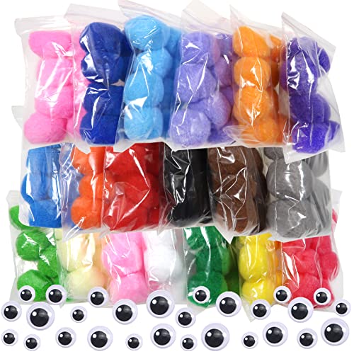 TOAOB 100 Peças Pompons Grandes 19 cores de aproximadamente 4 cm bolas de feltro e 100 peças, 6 mm a 12 mm olhos móveis pretos para artesanato criativo e decorações bricolage