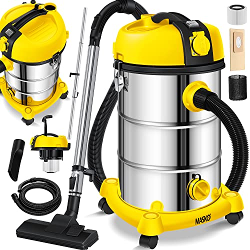 Masko® Aspirador industrial, seco e húmido, aço inoxidável 2300 W tomada função de sopro, aspirador industrial com e sem saco, amarelo