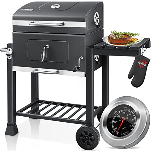 KESSER® Grelha de carvão com carrinho de grelha com tampa, rodas, cabo de aço inoxidável, churrasqueira e termómetro carvão grande churrasco churrasco grelhador, terraço, jardim XL cinzento
