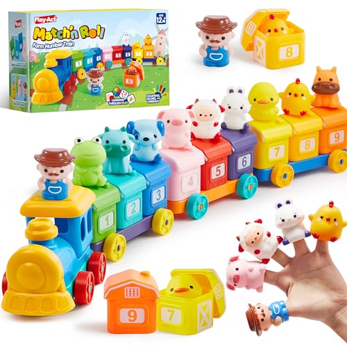 Play-Act Montessori Trem de quinta para contar, combinar e classificar, inclui 9 animais de quinta e 1 agricultor, aprendizagem para crianças de 1 a 3 anos