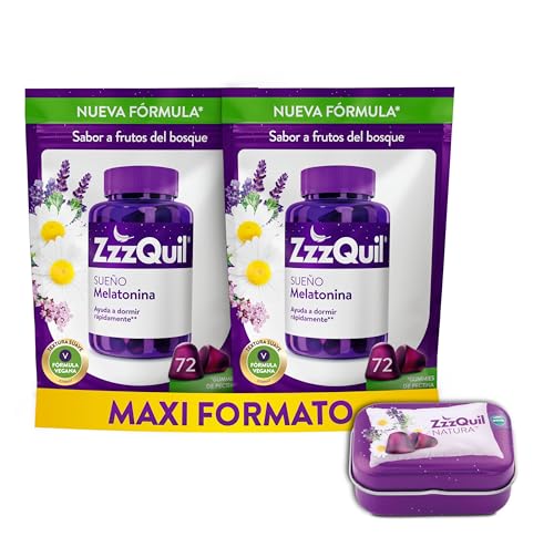ZzzQuil Sonho, Gummies de melatonina para dormir, ajuda a dormir rapidamente *, sabor frutos da floresta, fórmula vegana, 2 x 72 Gummies e caixa de viagem
