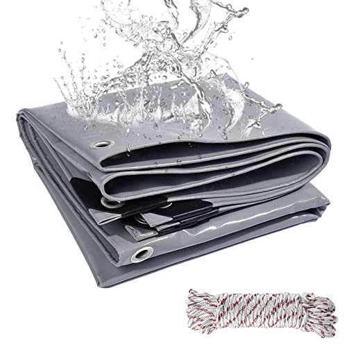 Lona impermeável exterior 4 x 6 m, 440 g/m² lona de proteção em PVC reforçado com furos, durável, resistente a raios UV, rasgos, multiusos para terraços, móveis e jardim, piscina carro cinzento