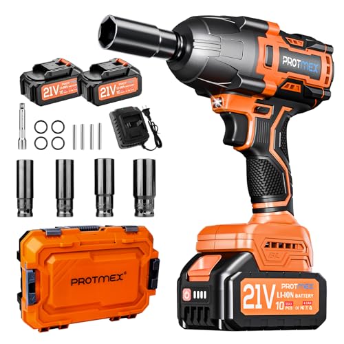 Protmex Chave de impacto sem fios sem escova, 2 x 4,0 Ah 21 V pistola de impacto baterias, par máximo de 1200 N.m, 1/2" chave de impacto com 1 chave de fenda, para carro familiar/camioneta