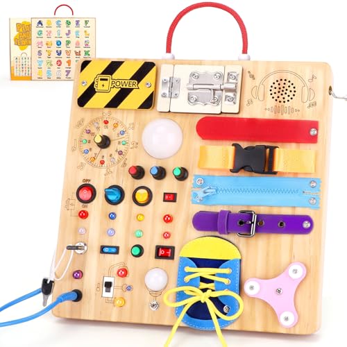 Grarain 23 em 1 Montessori Busy Board brinquedos crianças 1 ano com 15 interruptores e 26 luzes LED, cadeado, caixa de música, cordões e fecho de correr jogos crianças 1 2 3 anos