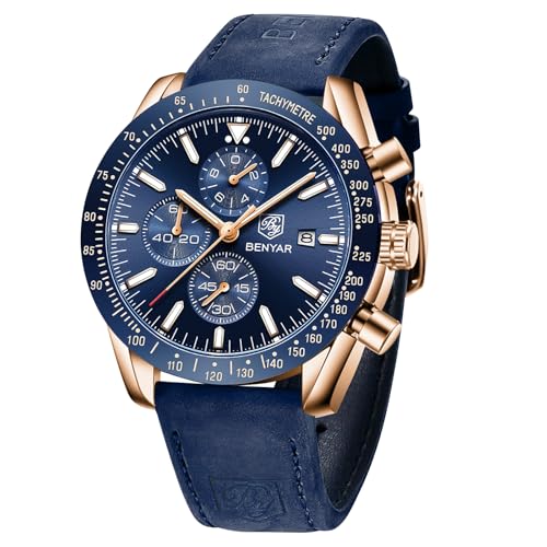 Benyar Relógios para homem, relógios de pulso, mostrador de design impermeável, relógio para homem, banda de couro analógico, data de bracelete, presente elegante