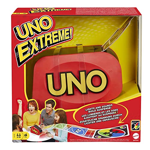 UNO Extreme - Jogo de cartas para família com lançador - com luz e som - 112 cartas - de 2 a 10 jogadores - presente para crianças de 7 anos e adultos, GXY75
