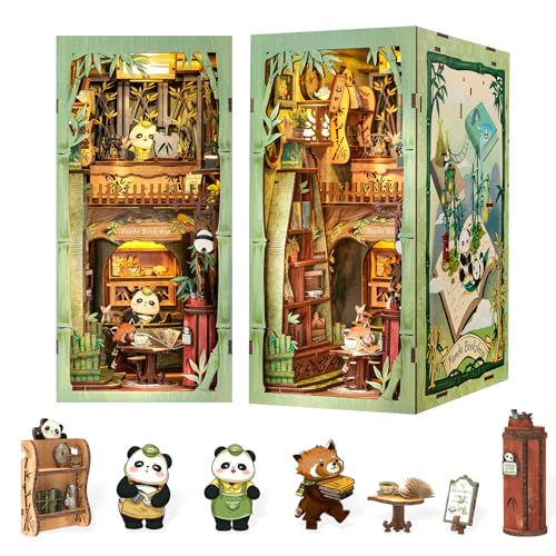 Fsolis Book Nook Kit, bricolage em miniatura com luz LED para suportes de livros biblioteca estante de decoração, 3D puzzle de madeira suportes para adultos, Booknook presentes para (Panda Bookshop)