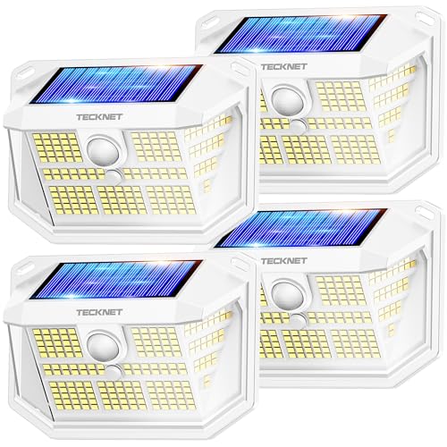 TECKNET Luz solar para exterior, iluminação LED 231 / 300° (luz 35newskill ) brilho alto luzes solares com sensor de movimento, 3 modos IP65 impermeável holofotes LED solares para jardim, garagem