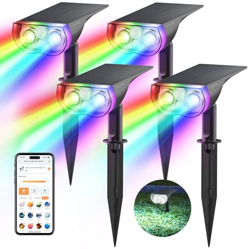 Linkind Foco solar inteligente colorido para jardim exterior, luz de jardim RGB de 16 milhões de cores com branco quente e frio, controlo em grupo, IP65 candeeiro exterior inteligente, 4 peças