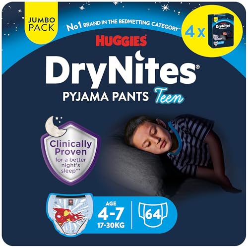 Huggies DryNites Fraldas de noite para crianças 4-7 (17 - 30 kg), testadas clinicamente com 5 camadas de máxima proteção noturna, 4 pacotes de 16, total 64 cuecas absorventes