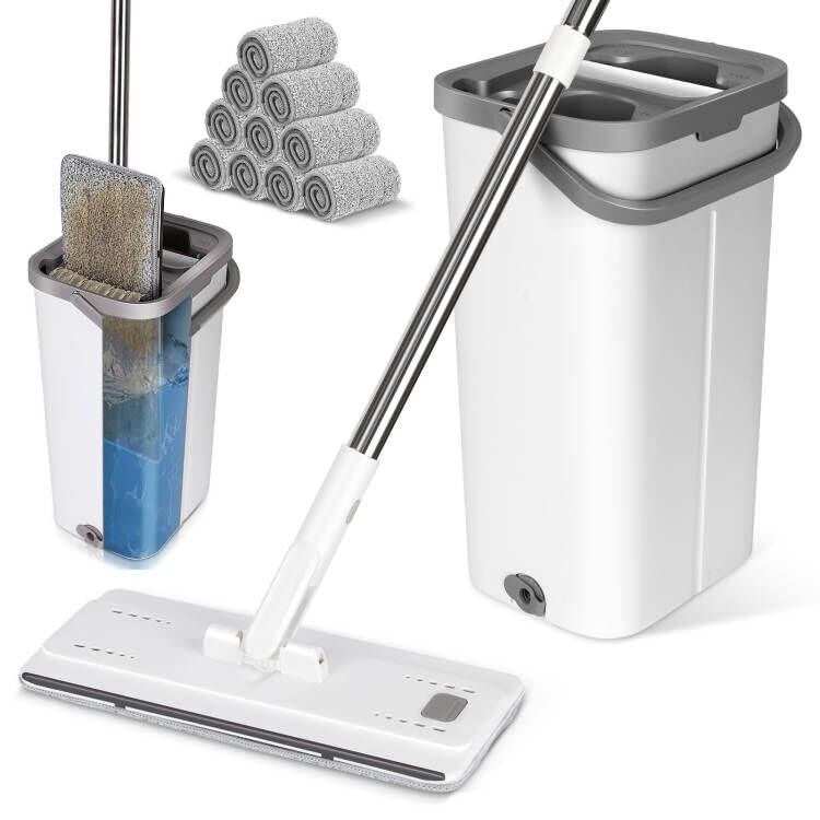Myiosus Conjunto de esfregona com balde, esfregão de chão plano com cubo de função de escorredor para madeira rígida laminado azulejos limpeza do chão, enviar 10 almofadas de microfibra