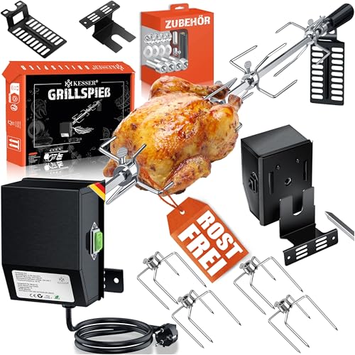 KESSER® Assador conjunto de espetos para churrasco de aço inoxidável de 107 cm, universal para barra de gás Weber Spirit com 4 agulhas, pinça, peça e motor, espeto para grelha preta