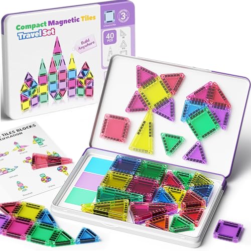 Telhas magnéticas, 40 peças, conjunto de blocos de construção magnéticos de viagem, mini azulejos magnéticos, brinquedos de construção com caixa de ferro para meninos e meninas, brinquedos magnéticos