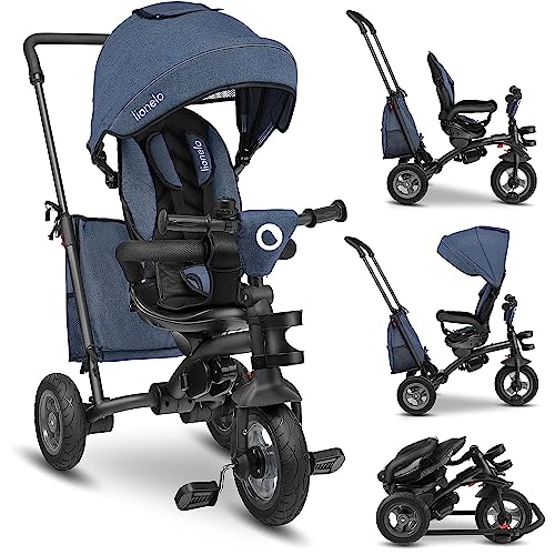 LIONELO Tris bicicleta 2 em 1 criança até 25 kg 12-60 m triângulo e carrinho de bicicleta cintos de 3 pontos com capas regulação gradual do encosto de 3 níveis cinzento-escuro … (azul)