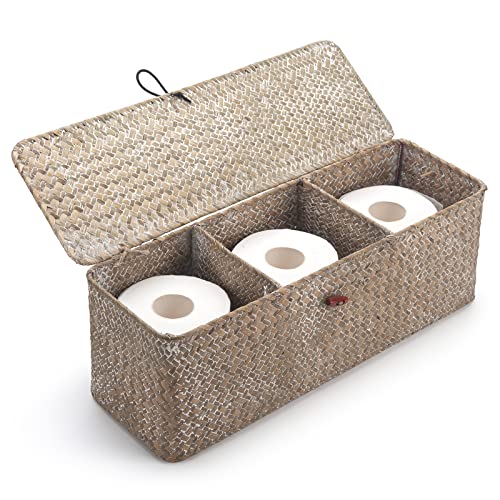 Branco cestas de armazenamento Seagrass com tampa caixa de vime retangular com compartimentos decorativos para organizar brinquedos de papel higiénico (42 cm x 14 cm x 14 cm)