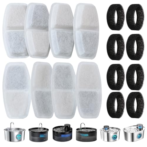 Zemiu Filtro de fonte de água de 16 peças, 8 filtros de carbono 8 filtros de esponja para fonte de água de gato 3,2 l, 2,5 l (108 oz, 84 oz), carbono ativado de algodão e resina com filtro tripla