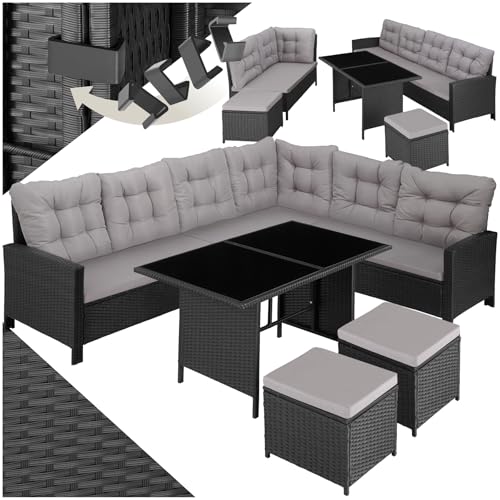TecTake® Conjunto de jardim de vime com mesa e almofadas, conjunto de terraços resistente às intempéries e combinável, móveis de jardim exterior 5 peças, sofá de canto, 2 tamboretes e 1 mesa, aço -