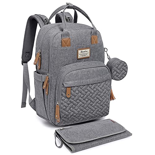 RUVALINO Mochila para fraldas, bolsa trocador de bebé com tapete portátil, porta-chupetas e correias para o carrinho, mala de viagem impermeável multifuncional para a mãe e o pai, (cinzento)
