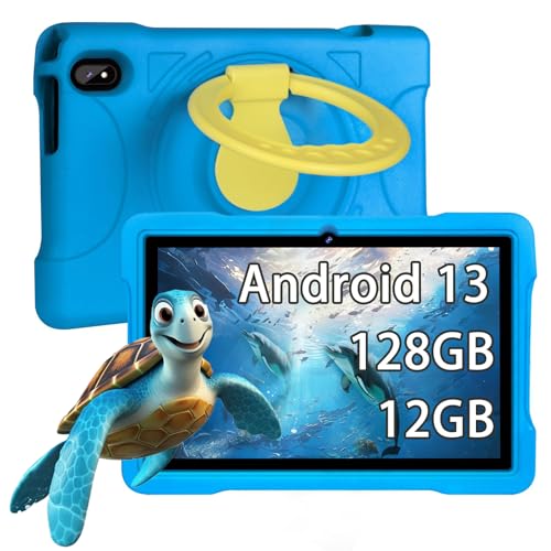 fezawio Tablet infantil Android 13, tablet de 10 polegadas, 12 GB RAM 128 GB ROM (TF 512 GB), Oitavo núcleo, controlo parental, educação infantil, WiFi 5G, câmara dupla, baixa eva, azul