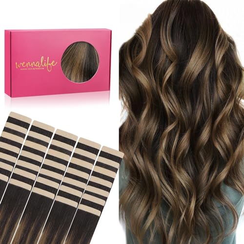 WENNALIFE Extensões adesivas cabelo natural, 60 cm 100 g 40 peças Balayage castanho escuro mistura de castanho escuro extensões de cabelo humano Remy