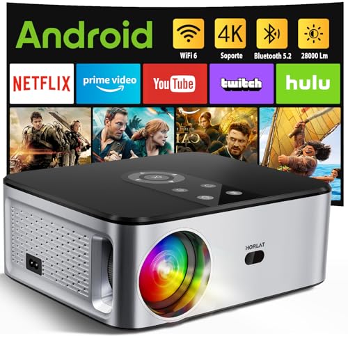 Projetor portátil Android TV e auto-correção: suporte Horlat 4K 6G WiFi Bluetooth, 28000 lúmenes 300 polegadas, com uma aplicação integrada Netflix, Youtube, Prime Video +7000 A. PPS