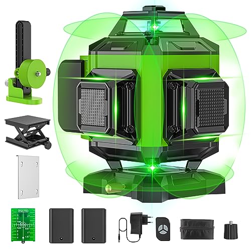 Nível laser automático 4 x 360 °, nível laser verde 16 linhas, 2 x 360 horizontal e 2 x 360 linhas laser verticais, 2 baterias, nivelamento automático, suporte giratório, comando A distância