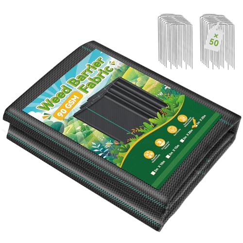 iropro Feltro para ervas daninhas para jardim, 2 m x 25 m, com 50 âncoras de solo, 50 m², para jardim, folha de ervas daninhas, permeável à água, 90 g/m², folha de alta resistência aos raios