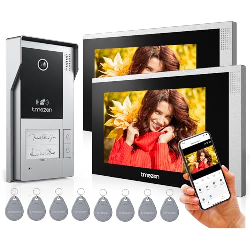 TMEZON Porta-moedas WiFi de 4 fios, 1080P campainha vídeo sistema intercomunicador, ecrã táctil IP de 7 polegadas, gravação e reprodução, deteção de movimento, desbloqueio por App/cartão RFID, para 2