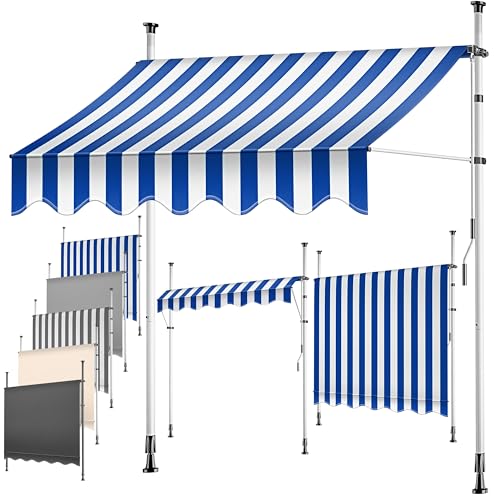 KESSER® Toldo para varanda com manivela, toldo para varandas, resistente aos raios UV, regulável em altura, repelente de água, proteção solar, cobertura para pátios, azul e branco 150 cm