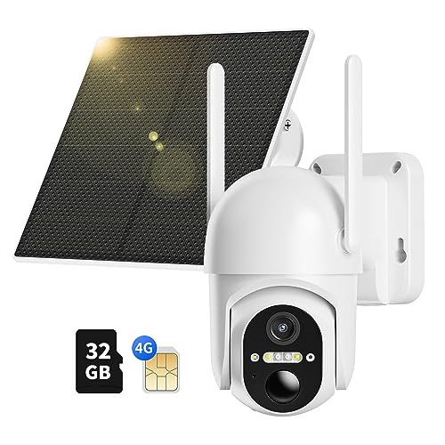 NUASI 2K 4G LTE Câmara de vigilância exterior com painel solar, 360 graus PTZ, deteção de movimento PIR, visão noturna colorida, áudio bidirecional, IP66 impermeável, com cartão 32 GB e SIM