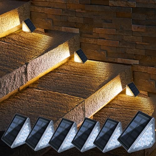 CILIENG Luz de escada para exterior, IP67 luzes solares impermeáveis para exteriores, branco quente 3000 K luz solar solar, auto ON/OFF, escada iluminação LED para jardim, pátio, embalagem de 6