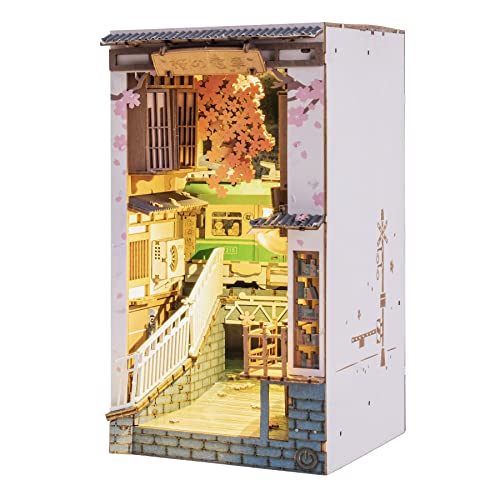 Rolife Book Nook Kit Puzzle 3D de madeira quebra-cabeças DIY canto de livros Book Nook para estantes suportes de livros decoração com móveis e acessórios, Sakura Densya