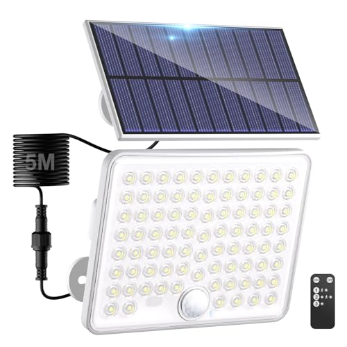 kolpop 1 pacote holofotes LED solares exteriores, holofotes LED solares sensor de movimento com controlo remoto, IP65 luz solar impermeável, 3 modos luz solar exterior potente para jardim, pátio