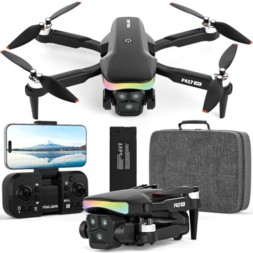 GPS drone com câmara 4K adultos criança, LED luz de lente ajustável elétrica 90°, drone GPS profissional vídeo ao vivo WiFi 5GHz, F417 Drone FPV retorno automático, Follow Me, bolsa portátil, menos