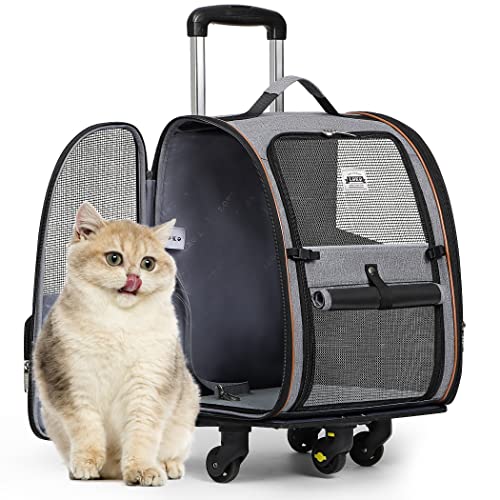 Lekespring Transportin gato com rodas e haste telescópica, mochila para cão respirável e impermeável, transporte cão com arnês interno, mochila de gato carga máxima 8 kg, mala Trolley cinzento