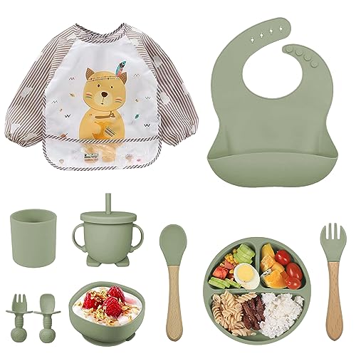 Louça de bebé de silicone, 10 peças conjuntos de louça infantil, talheres com prato ventoso, garfo com cabo de madeira, conjunto de babador, pratos bebé com ventosa, baby Led Weaning, talheres
